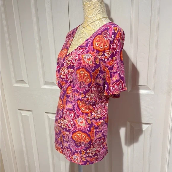 Fun and Trendy Chaps Pink and Orange Wrap Blouse Short Sleeve 2X - Picture 3 of 6